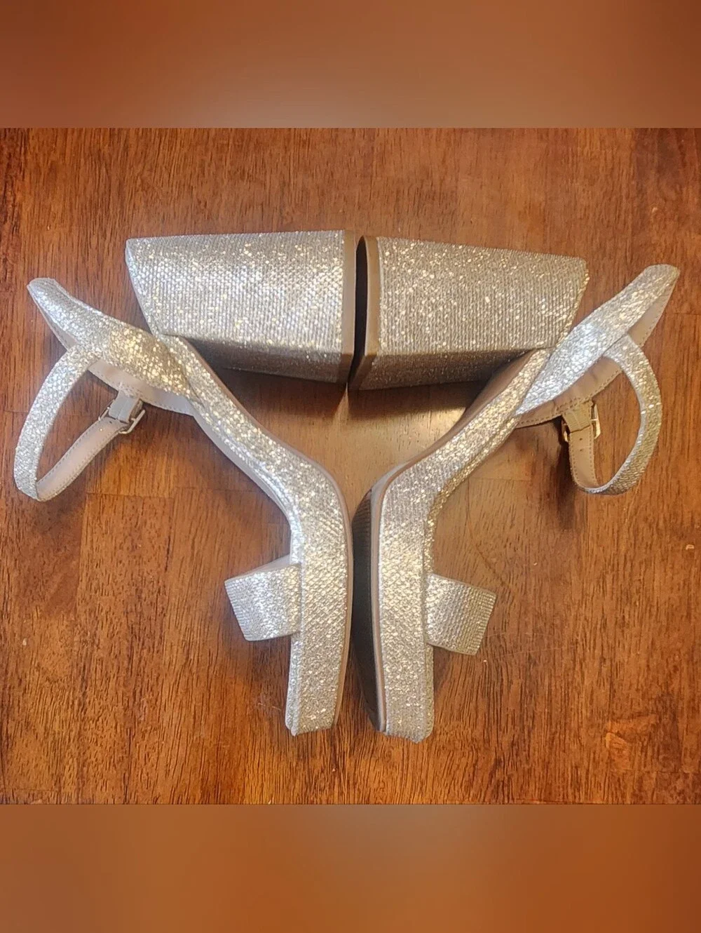 Gold Sparkle Platform Chunky Block Heel Sandals Women's Gogo 70s Y2K Date, 5.5